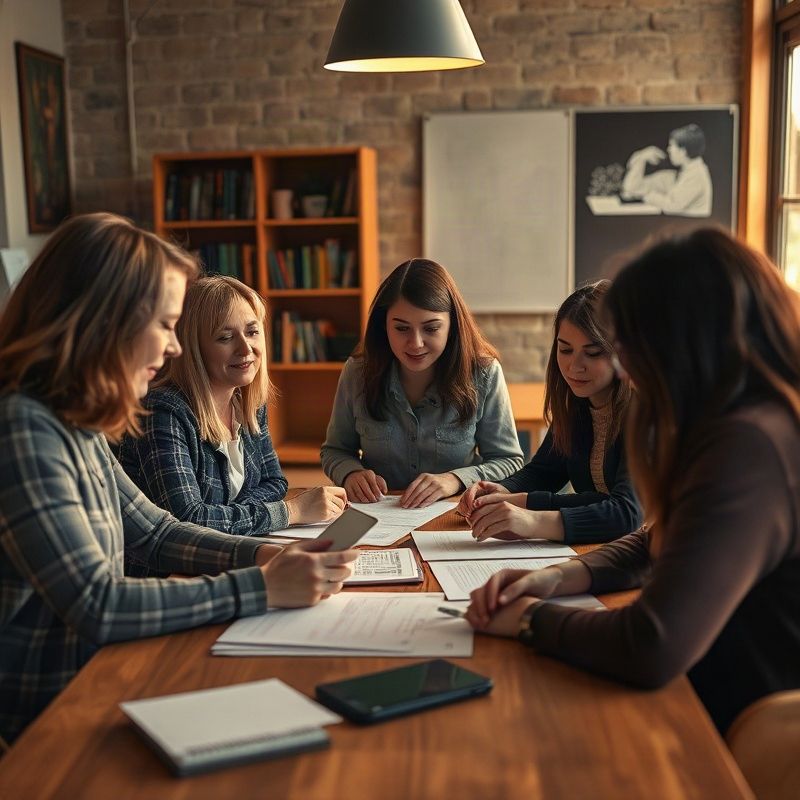 Небольшая команда преподавателей обсуждает планы уроков за столом